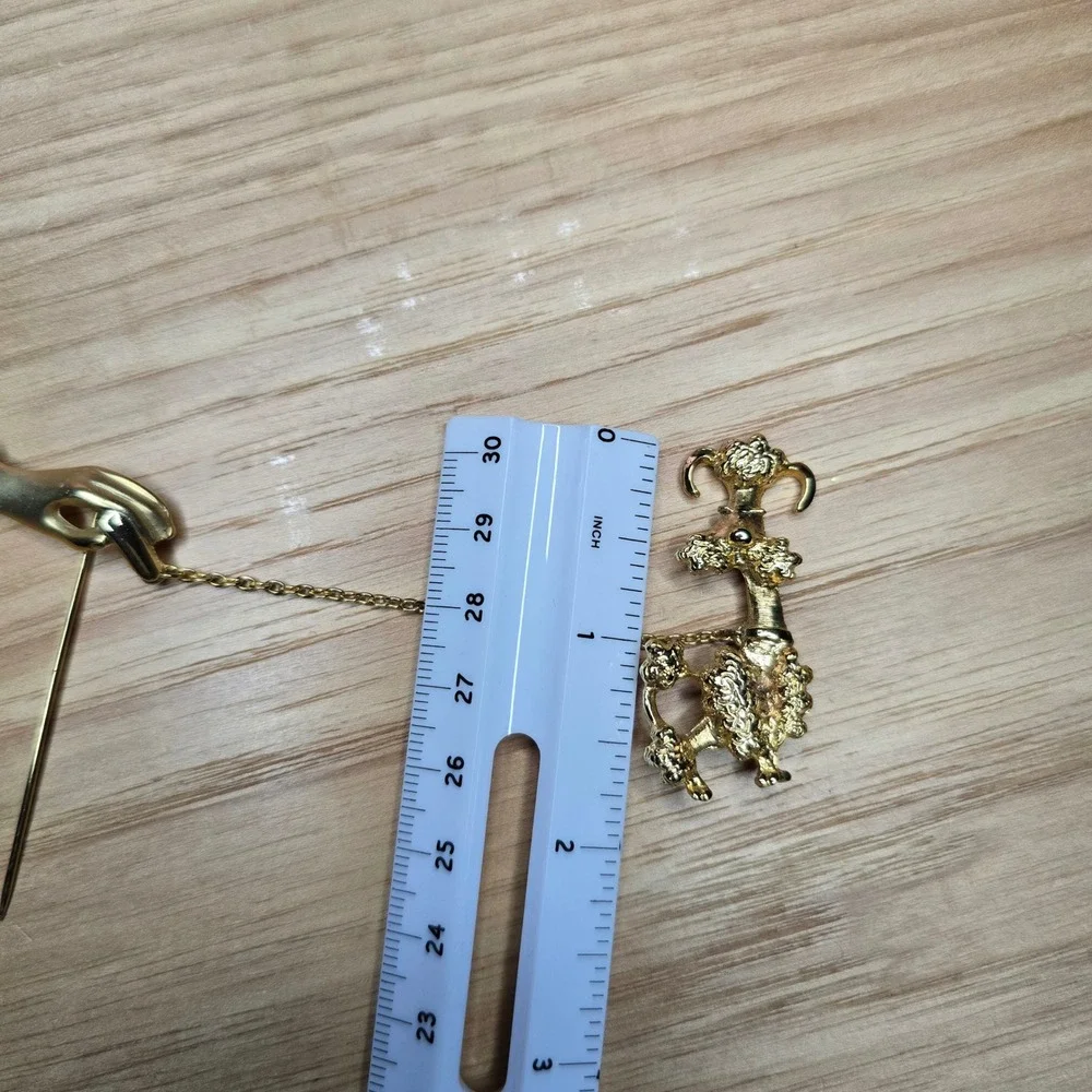 Vintage AJC Brooch Pin Hand Poodle Leash Chain Fi-Fi Walk the Dog Dinner Jewelry